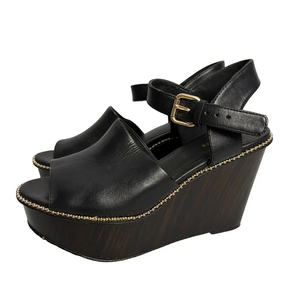 Coach Harla Black Leather Wood Wedge Platform Sandals